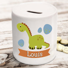 Personalised dinosaur money box in ceramic with rubber stopper
