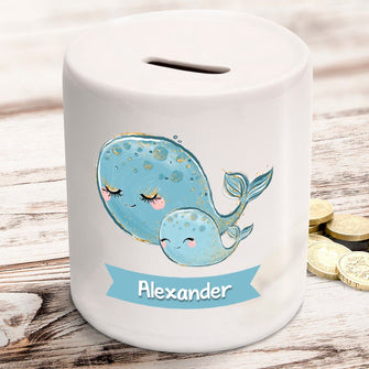 Personalised baby whale money box