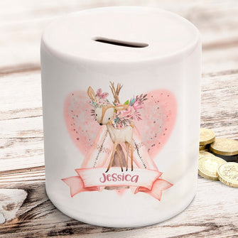Personalised boho deer money box in ceramic with rubber stopper