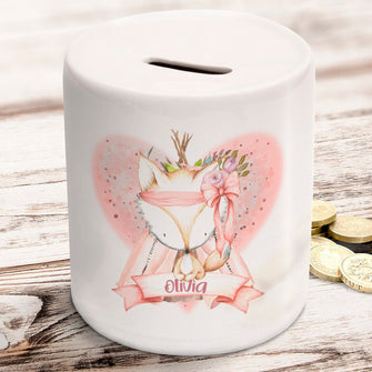 Personalised boho fox money box in ceramic with rubber stopper