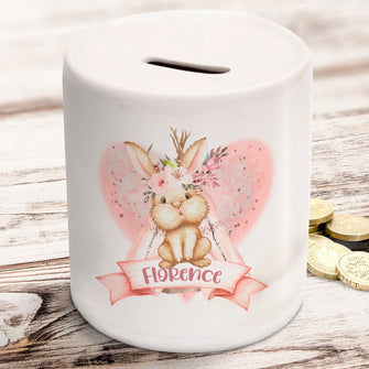 Personalised boho rabbit money box in ceramic with rubber stopper