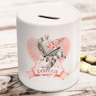 Personalised boho racoon money box in ceramic with rubber stopper