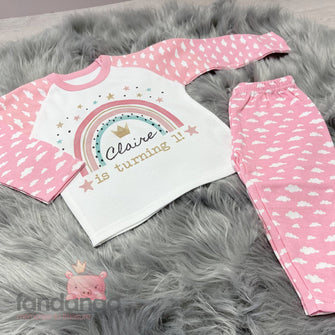 Personalised 1st Birthday Pyjamas - Pink Rainbow - Clouds