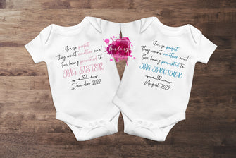 Personalised big sister / big brother sibling announcement baby vest with due date