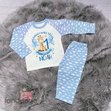 Personalised 1st birthday giraffe pyjamas - blue cloud sleeves