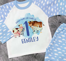 Personalised 1st birthday watercolour farm animal pyjamas - blue cloud sleeve