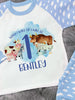 Personalised 1st birthday watercolour farm animal pyjamas - blue cloud sleeve