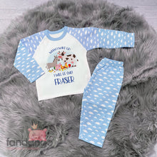 Personalised 1st birthday farm animal pyjamas - blue cloud sleeves