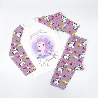 Personalised first birthday unicorn pyjamas - purple sleeves