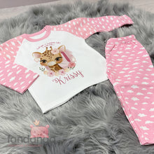 Personalised first birthday giraffe pyjamas - pink cloud sleeves